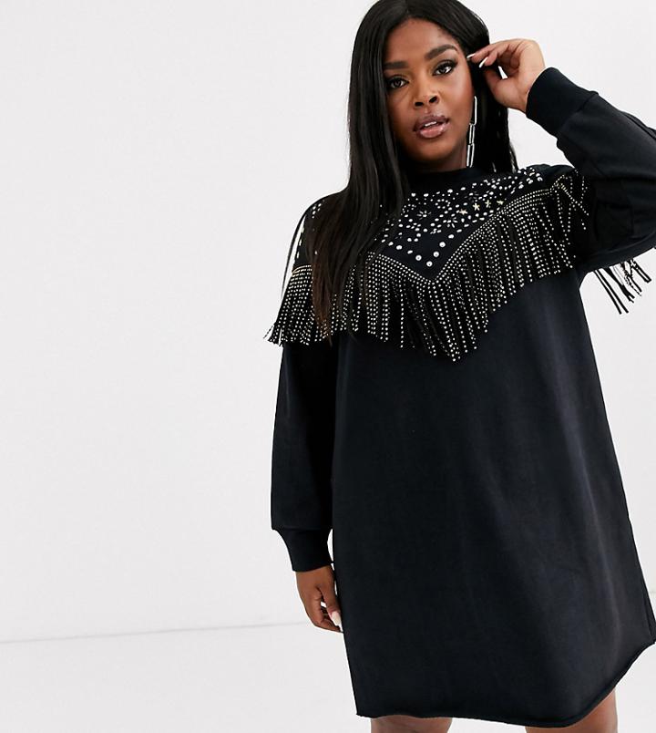Asos Design Curve Studded Fringe Sweat Dress-black