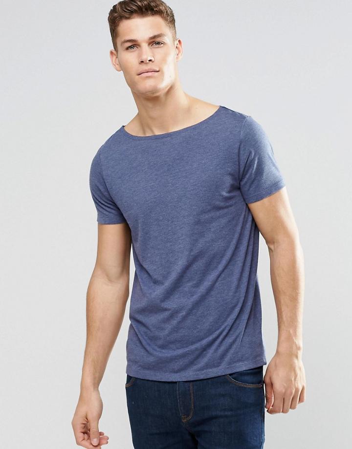 Asos T-shirt With Boat Neck In Blue Marl - Pitch Blue Marl