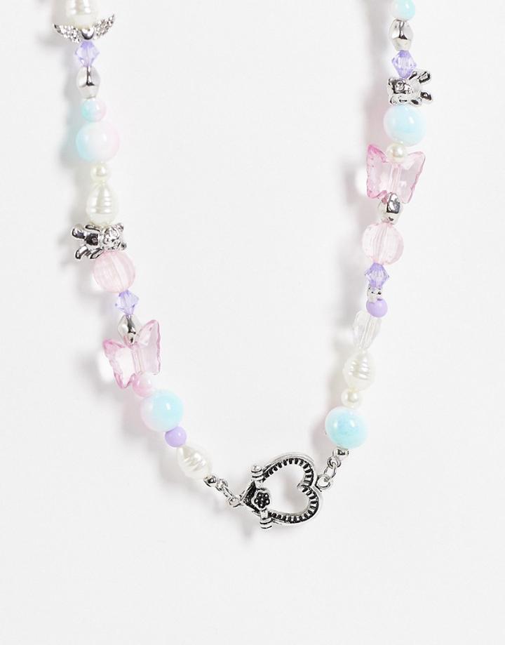 Asos Design Beaded Necklace With Cute Charms In Silver Tone-multi