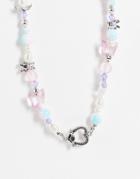 Asos Design Beaded Necklace With Cute Charms In Silver Tone-multi