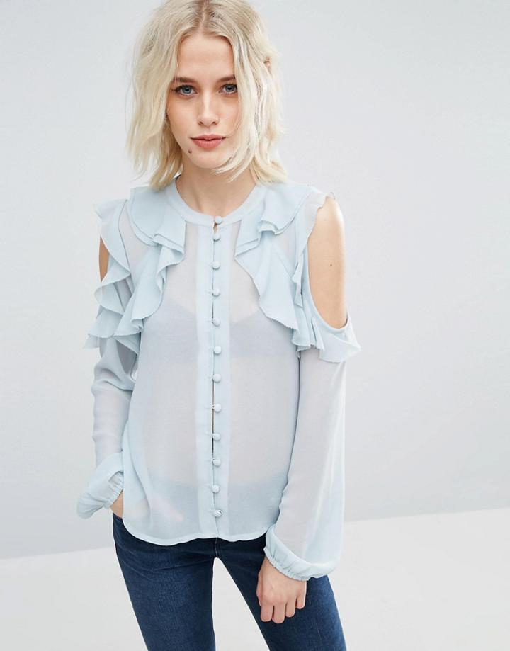 Asos Collarless Ruffle Cold Shoulder Blouse - Blue