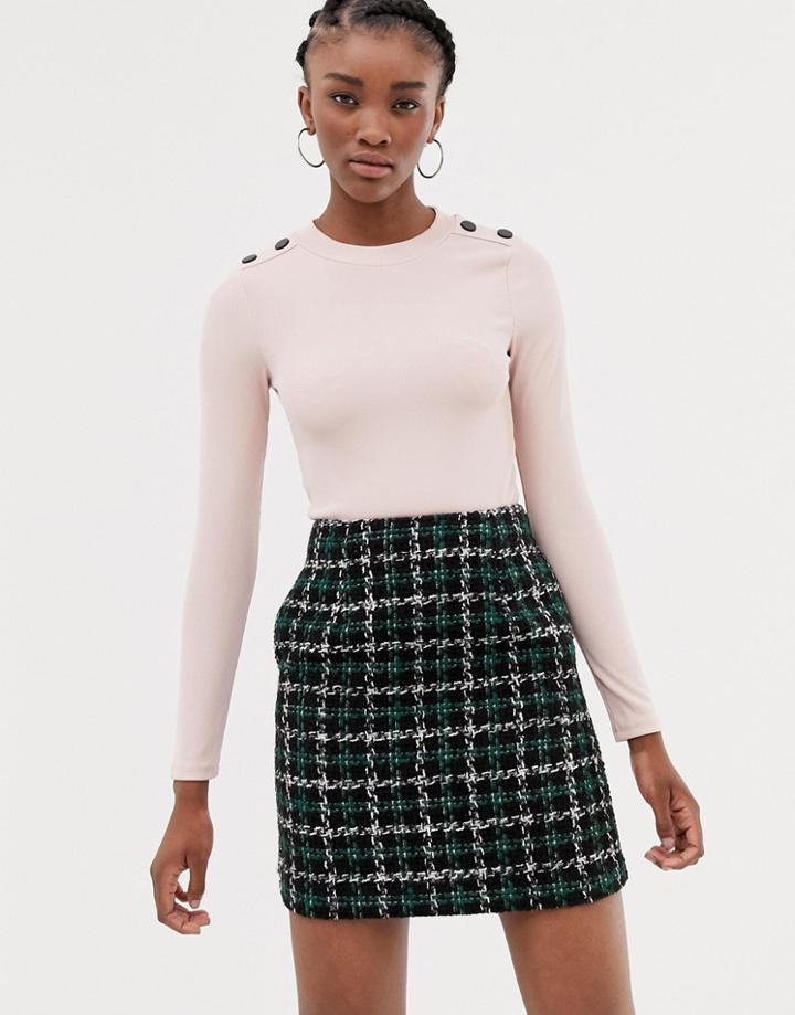 New Look Button Shoulder Mini Rib Long Sleeve Top In Nude - Pink
