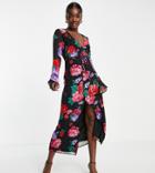 Asos Design Tall Button Through Maxi Tea Dress With Fluted Sleeves In Rose Floral-multi