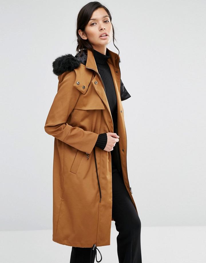 Neon Rose Longline Parka With Drawstring Waist And Luxe Fur Hood - Brown