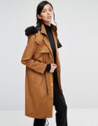 Neon Rose Longline Parka With Drawstring Waist And Luxe Fur Hood - Brown