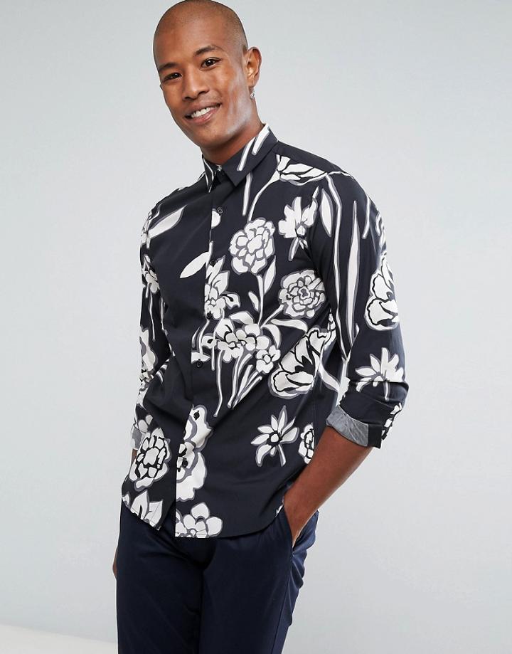 Selected Homme+ Shirt In Slim Fit With All Over Floral Print - Navy