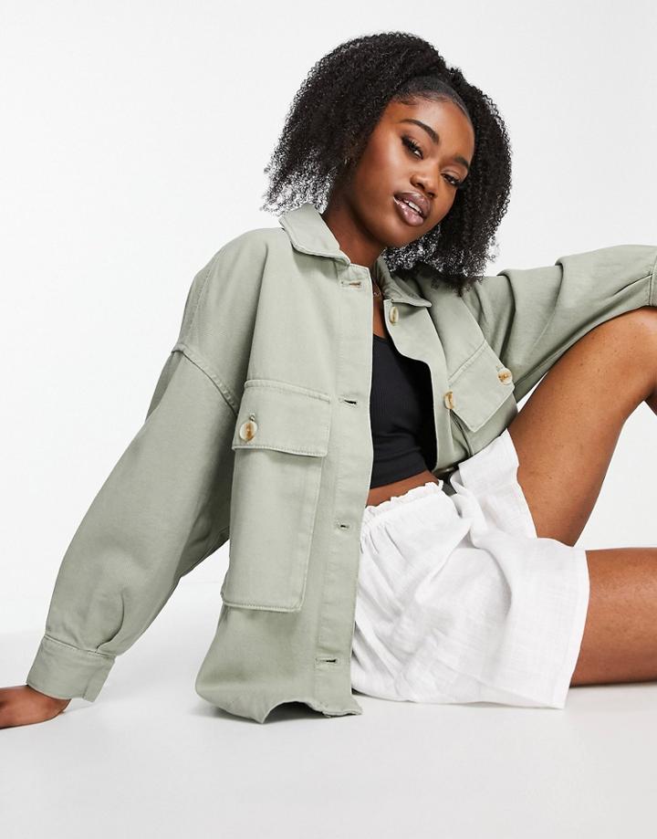 Stradivarius Twill Oversized Cargo Jacket In Washed Khaki-green
