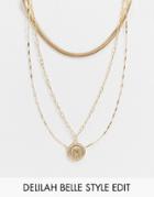 Asos Design Multirow Necklace With Coin Pendant In Gold Tone
