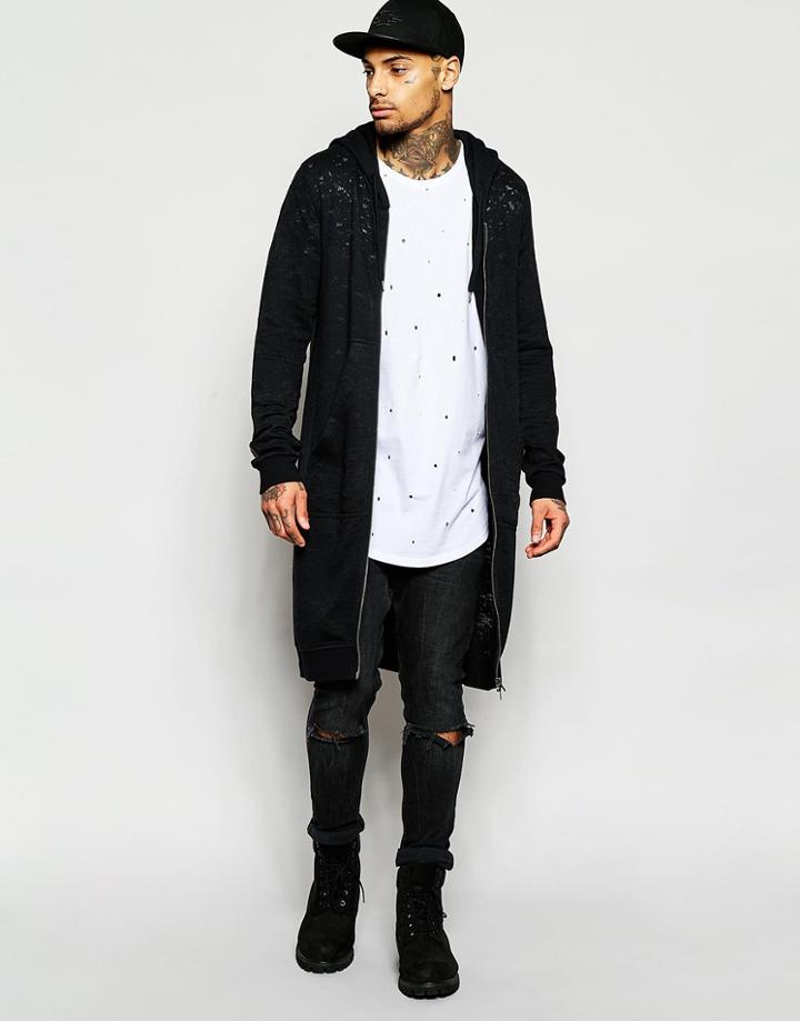 Black Kaviar Longline Zip Up Hoodie With Distressing - Black