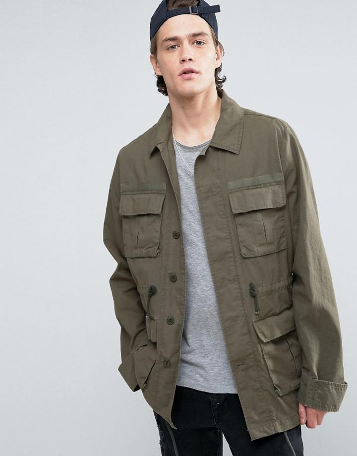 Asos Military Jacket With Drawstring In Khaki - Green