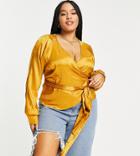 Asos Design Curve Wrap Blouse In Animal Jacquard Satin-gold