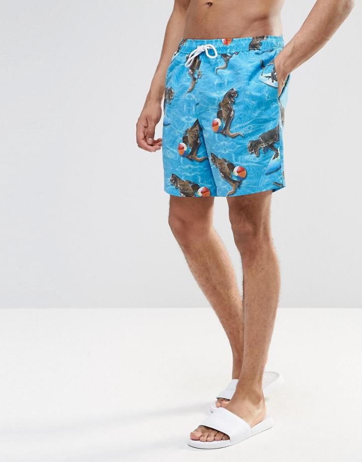 Asos Swim Shorts With Surfing Dinosaur Print In Mid Length - Blue