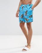 Asos Swim Shorts With Surfing Dinosaur Print In Mid Length - Blue