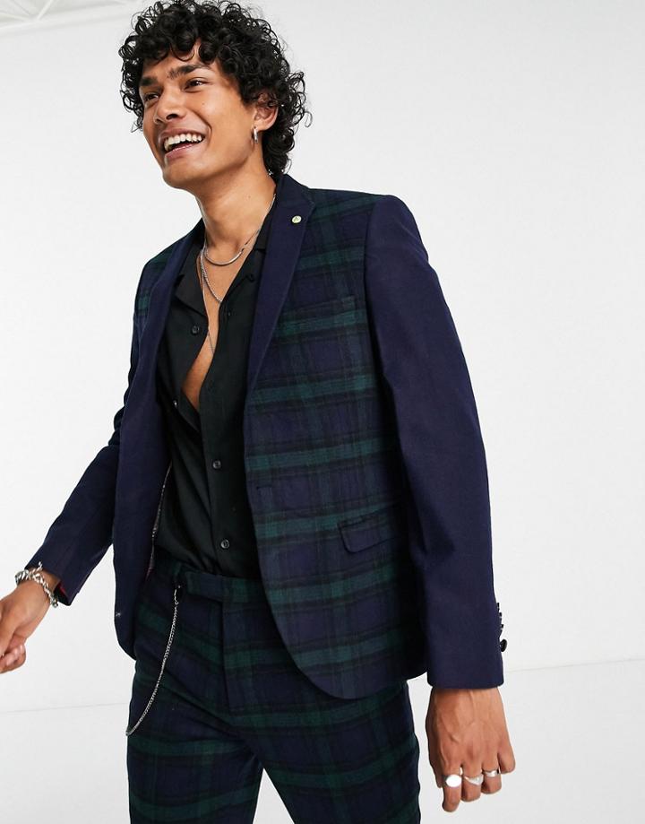 Twisted Tailor Suit Jacket With Contrast Sleeves In Green And Navy Check