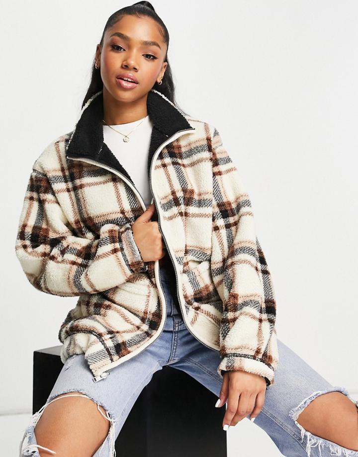 Hollister Check Print Fleece Zip Up Jacket In Multi