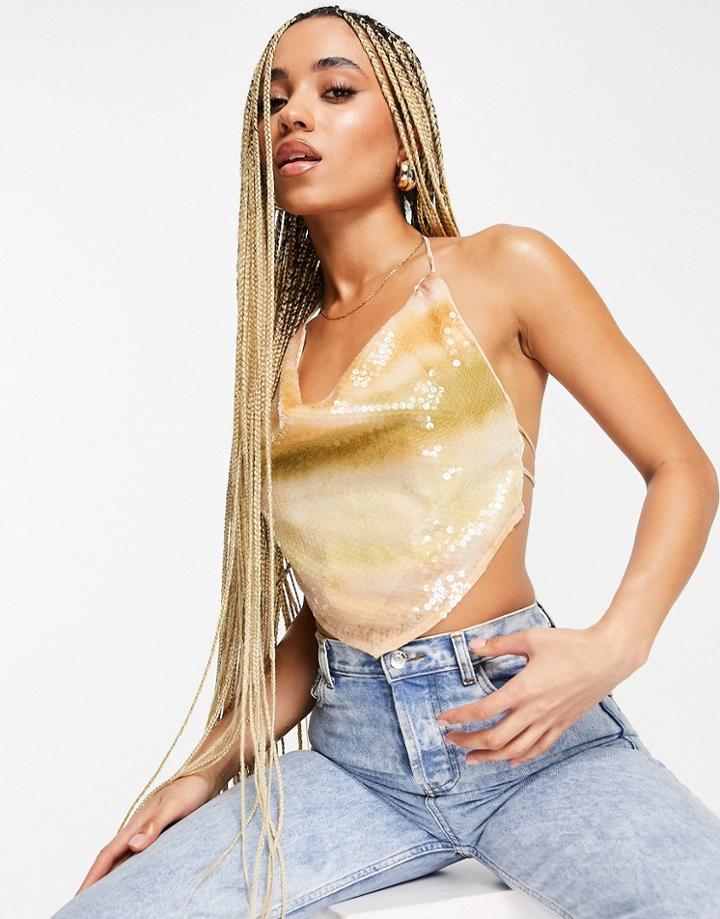 Asos Design Cowl Neck Cami With Tie Back In Peach Ombre Sequin-orange