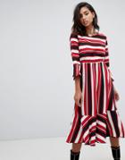 Boohoo Ruffle Hem Midi Dress In Multi Stripe - Multi