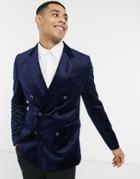 Gianni Feraud Skinny Fit Double Breasted Velvet Suit Jacket-navy