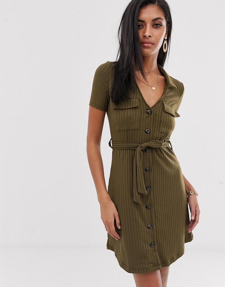 River Island Utility Mini Shirt Dress In Khaki-green