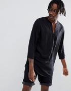 Asos Design Regular Fit Longline Viscose Shirt In Black With V Neck - Black