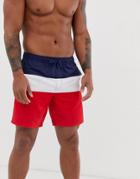 Asos Design Swim Shorts With Red White And Blue Cut And Sew In Mid Length-green