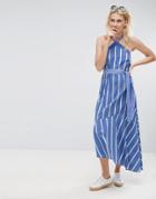 Asos Halter Neck Maxi Dress In Mixed Cotton Stripe - Multi