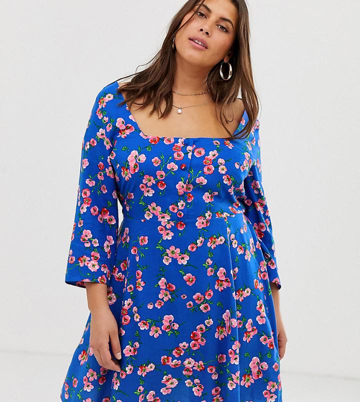 Simply Be Square Neck Tea Dress In Blue Floral-multi