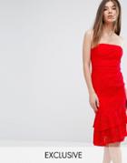 Love Triangle Bandeau Midi Dress With Double Frill - Red