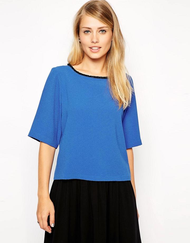 Asos T-shirt With Embellished Neckline - Blue