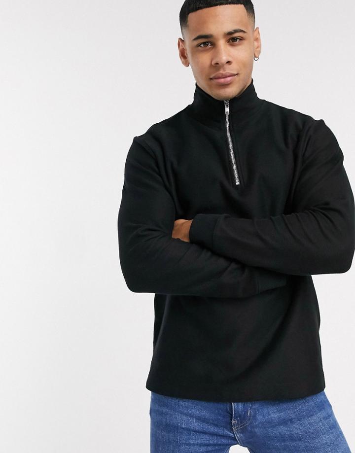 Topman Half Zip Twill Sweatshirt In Black