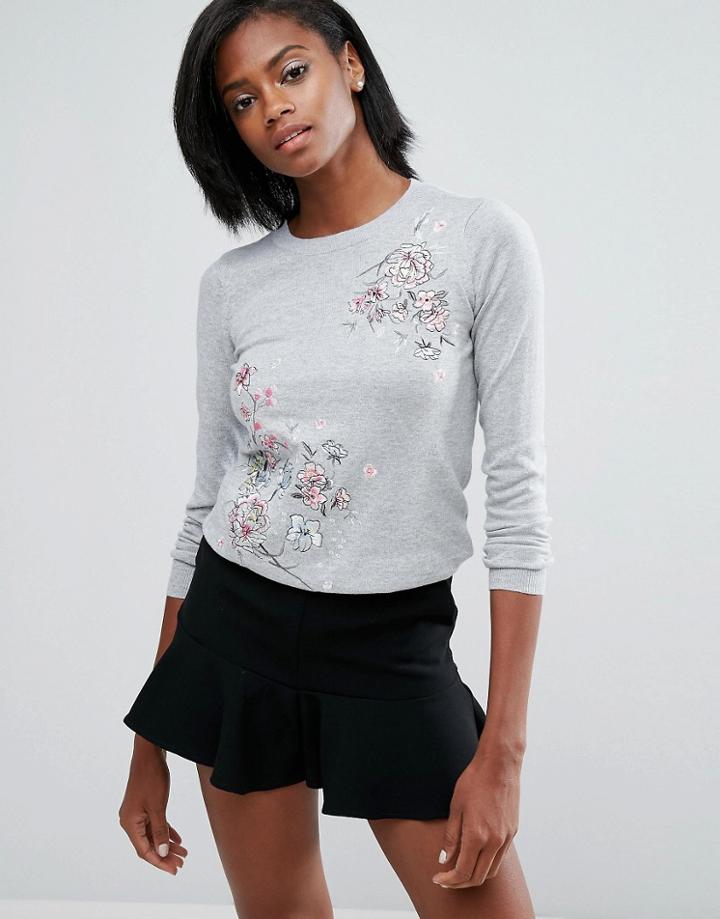 Oasis Floral Embroidered Sweater - Gray