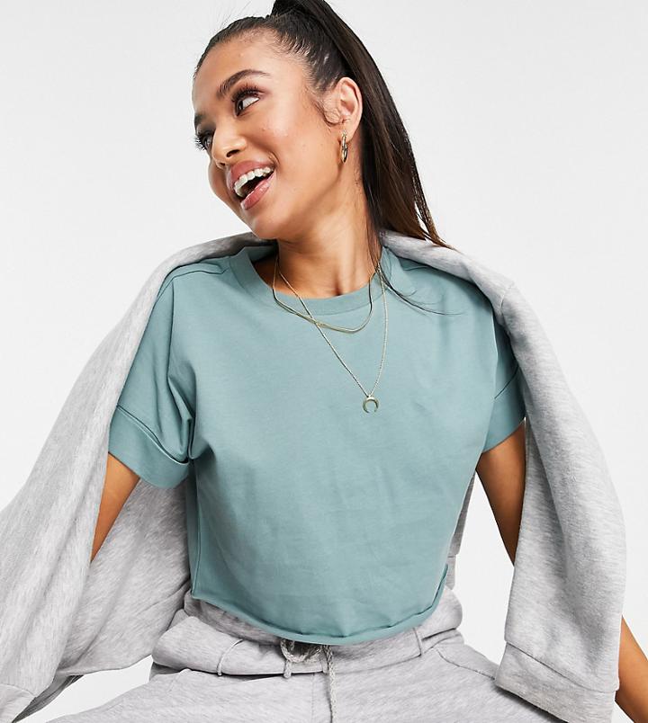 Asos Design Petite Cropped T-shirt With Cuffed Sleeves In Teal-green