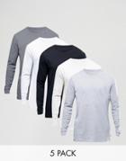 Asos Relaxed Longline Long Sleeve T-shirt 5 Pack Save 26% - Multi