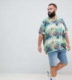 Asos Design Plus Oversized Hawaiian Palm Tree Printed Shirt With Revere Collar - Blue