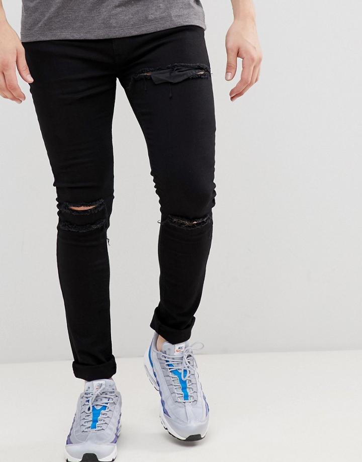 Soul Star Skinny Stretch Rip Jeans In Black - Black