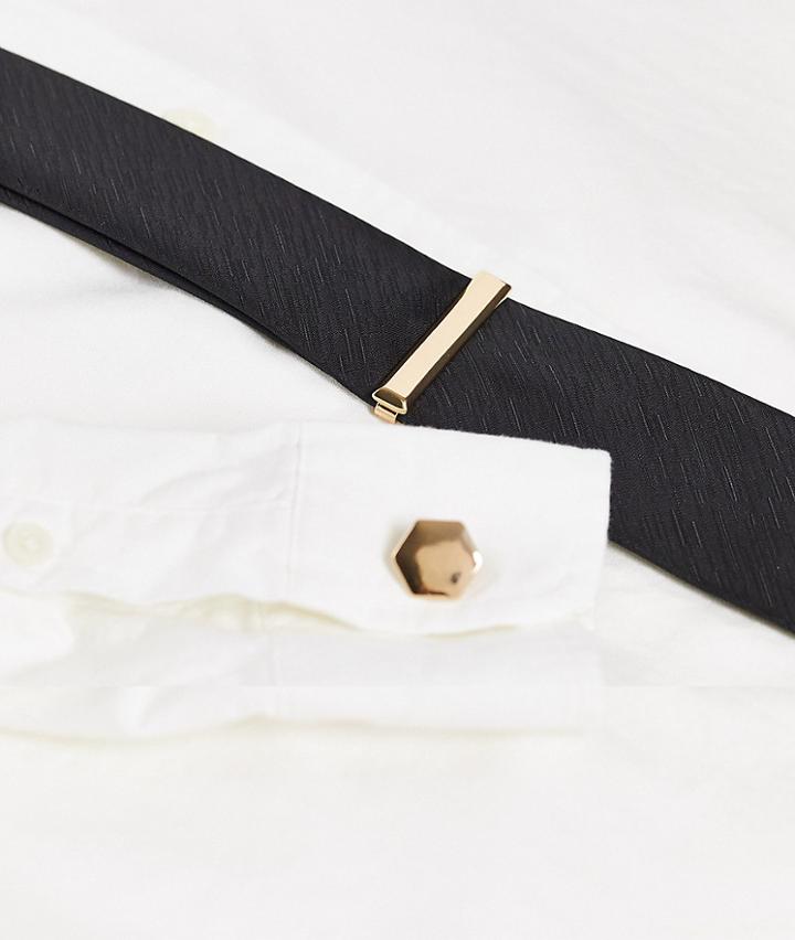Asos Design Wedding Tie Bar And Cufflink Set In Shiny Gold Tone-silver