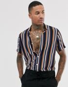 Asos Design Regular Stripe Shirt In Navy And Brown