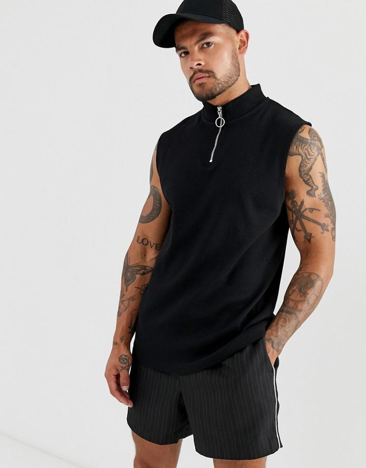 Asos Design Tank Tank In Rib With Turtle Zip Neck In Black