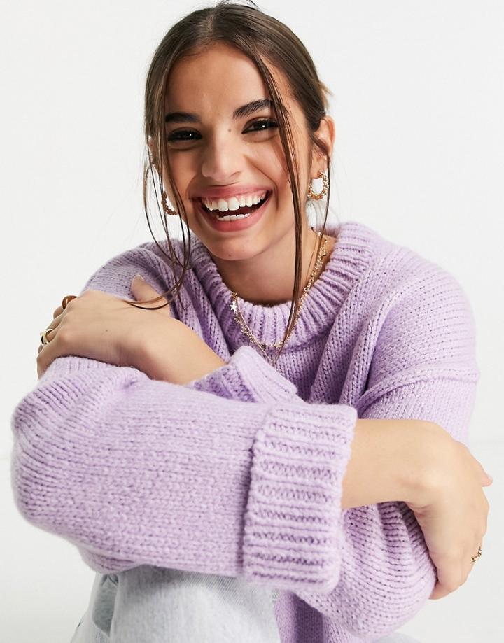 Asos Design Boxy Crew Neck Sweater With Turn Back Cuff In Lilac-purple