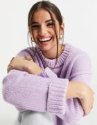 Asos Design Boxy Crew Neck Sweater With Turn Back Cuff In Lilac-purple