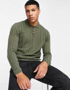 Soul Star Muscle Fit Ribbed Polo In Khaki-green