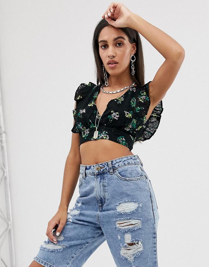 Bershka Frill Sleeve Crop Top In Floral Print - Black