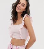 Bershka Shirred And Frill Detail Top In Pink - Pink
