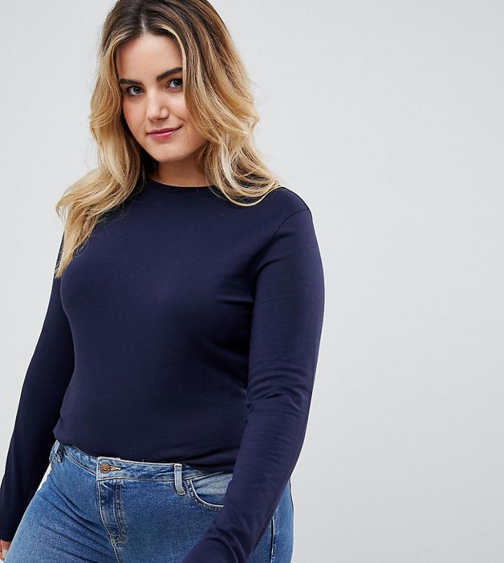 Asos Design Curve Ultimate Top With Long Sleeve And Crew Neck In Navy - Navy