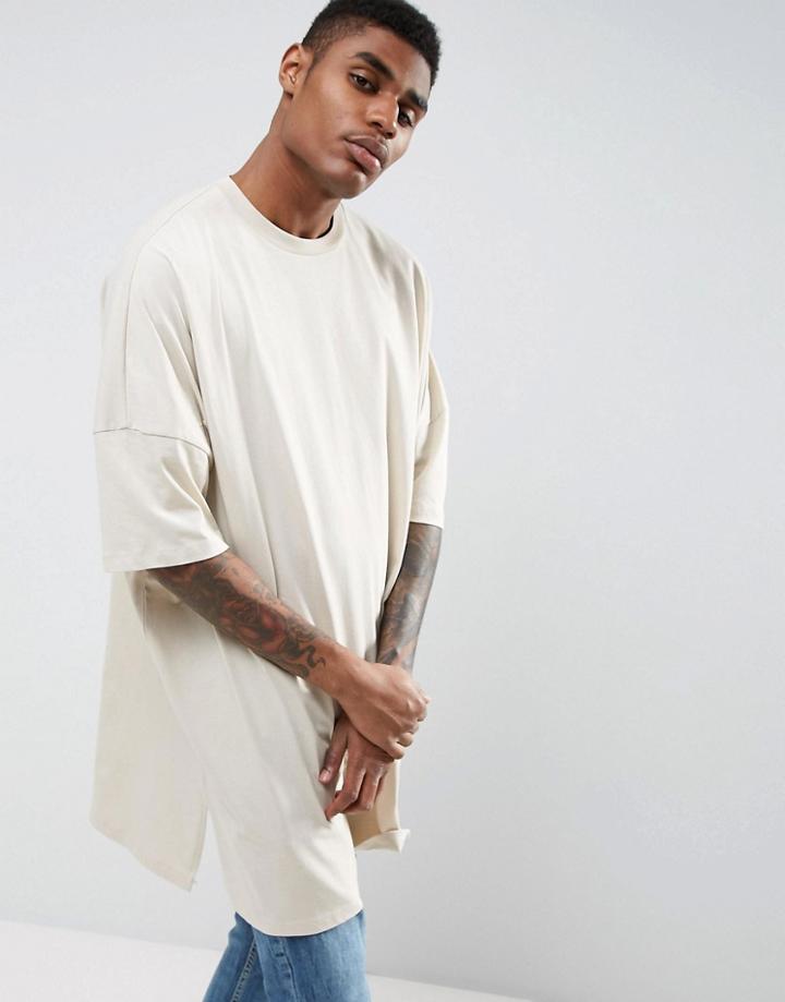 Asos Extreme Oversized T-shirt With Half Sleeve In Beige - Beige