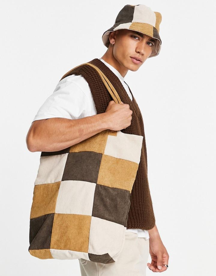 Asos Design Tote Bag With Retro Patchwork Corduroy In Brown