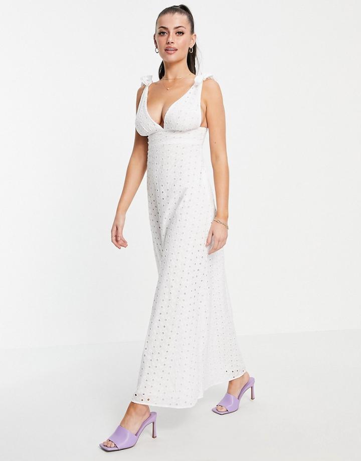 Asos Design Tie Shoulder Plunge Maxi Dress In Broderie In White