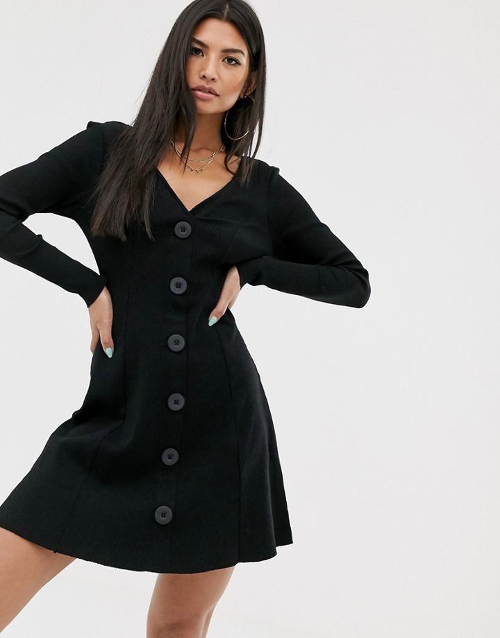 Asos Design Button Through Rib Tea Dress With Large Buttons - Black