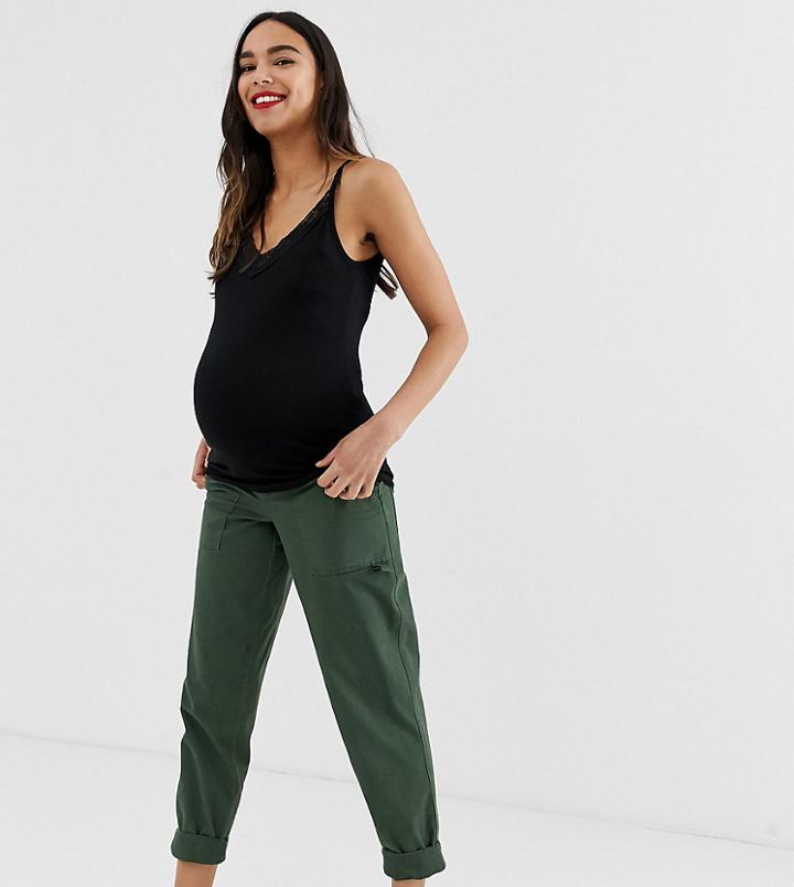 Asos Design Maternity Slim Leg Combat Pants In Khaki With Under The Bump Waistband-green