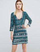 Maya All Over Heavily Embellished Mini Dress With Open Back - Green